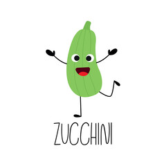 Cute funny zucchini character for kids. Hand drawn vegetable card with its name. Vector illustration.