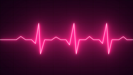 Realistic pink neon/laser heart rate sign with glows. Emergency ekg monitoring. Pink glowing neon heart pulse
