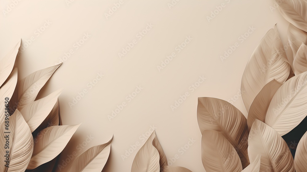 Poster beauty of beige leaves artfully arranged to create a minimalist frame. the image provides ample copy