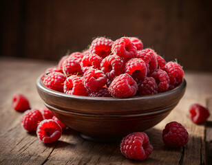 Raspberries are in a wooden bowl.