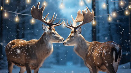 Deer with antlers entwined in Christmas lights, snowy backdrop Ai Generative