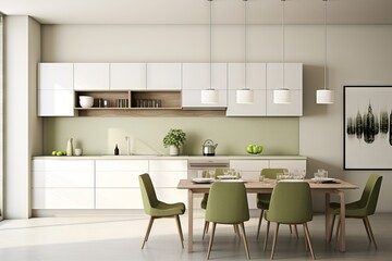 Interior of a light kitchen in olive tones with wood elements