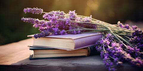 bunch of lavender,Vintage Lavender Elegance.A Close-up Shot of an Open Book.AI Generative 