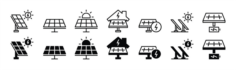 Solar panel icons. Green electric power energy icon. Ecology, electricity, and renewable energy signs and symbol. Vector illustration - obrazy, fototapety, plakaty