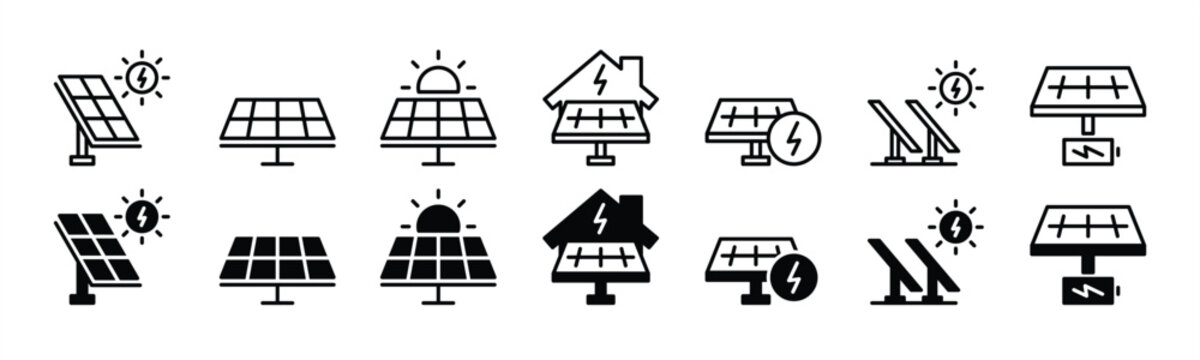 Solar panel icons. Green electric power energy icon. Ecology, electricity, and renewable energy signs and symbol. Vector illustration