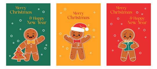 Christmas card set. With illustrations of a gingerbread man. Merry Christmas. Vector graphic.