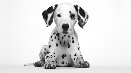 A adoreable Dalmatian in crouching position, white background