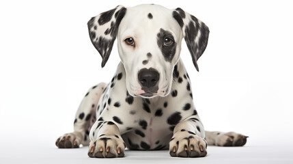 A adoreable Dalmatian in crouching position, white background