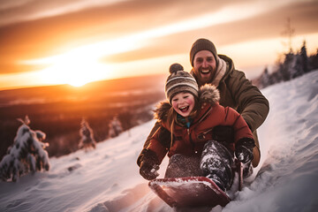 A dad and a kid sled down a snowy hill - obrazy, fototapety, plakaty