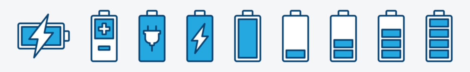 Battery icon set. Battery charge level icons. Battery Charging indicator icon collection. Vector illustration