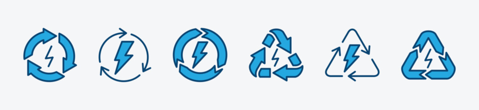 Recyclable electrical energy icons set. Renewable power energy. Rechargeable, recycle, and recycling electricity. Rotation arrow with electric symbol. Vector illustration