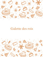 Galette des rois , French epiphany cake set headline Vector frame background.