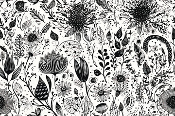 Spring magic. Seamless floral pattern. Black and white. Vector vintage illustration. - obrazy, fototapety, plakaty