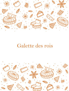 Galette des rois , French epiphany cake set headline Vector frame background.