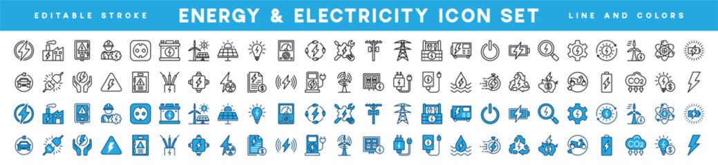 Electricity icon set. Green energy thin line icons. Power related icon. Icons for renewable energy, ecology, green technology. Vector illustration - obrazy, fototapety, plakaty