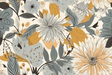 Türaufkleber Summer floral bouquet seamless pattern in pastel orange and blue colors. Illustrated floral texture for vintage fabric design. Fashionable repeated background. © Taslima