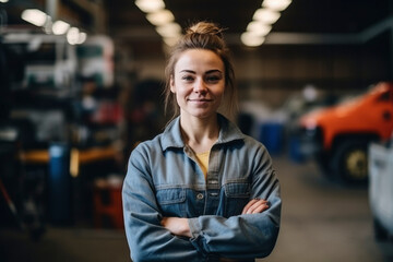 Girl auto mechanic looks at the camera, smiles, folds her arms on her chest. Auto repair shop bokeh background with cars and tools. Car repair service, woman mechanic - obrazy, fototapety, plakaty