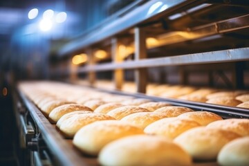 Automatic conveyor with fresh bread at the factory. Bread production line, pastries, natural delicious bread baking enterprise