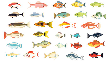 set of colorful fish and fishes - obrazy, fototapety, plakaty