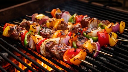 grilled shish kebab with sizzling skewers, mouthwatering bbq delight, food photography for culinary...