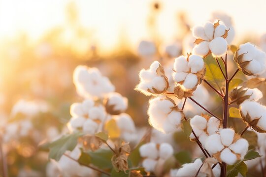 Cotton branches in field at sunset. Beautiful natural bokeh background, lush cotton flowers in soft sunlight. Cotton harvest for textile production, agricultural crop