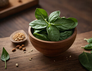 Spinach is in a wooden bowl.