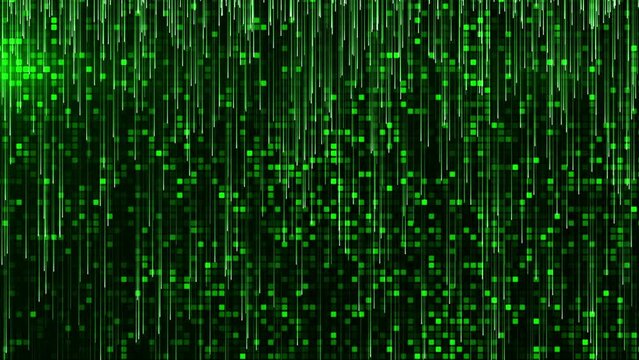 Digital abstract green background with random glowing squares. Digital data flow matrix effect. Matrix binary code.  Flow of falling particles. Artificial Intelligence concept seamless loop 4k