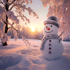 Fototapeta premium Snowman with winter landscape 