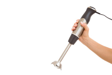 Young adult woman hand holding and showing new immersion blender isolated on white background. Closeup. Kitchen electrical appliance for fruit, vegetable, meat or other food blending. Front view.