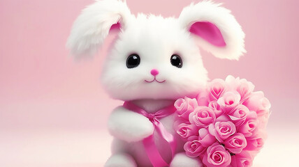 Obraz na płótnie Canvas Cute white fluffy rabbit holding a bouquet of pink flowers