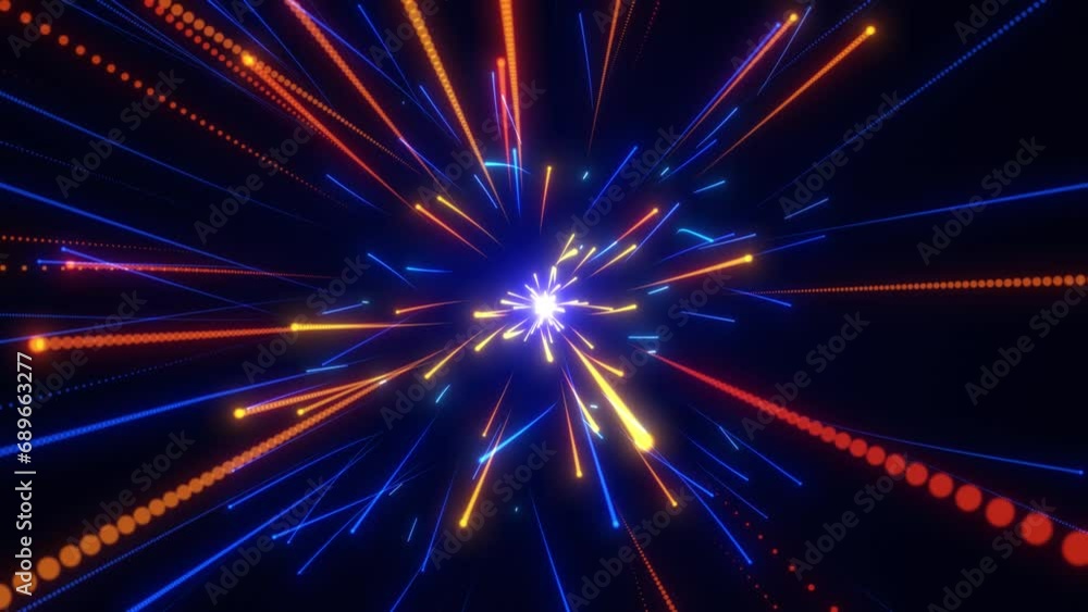 Poster moving dynamic light stripes on a dark background. particle explosion. speed of light, fireworks fro
