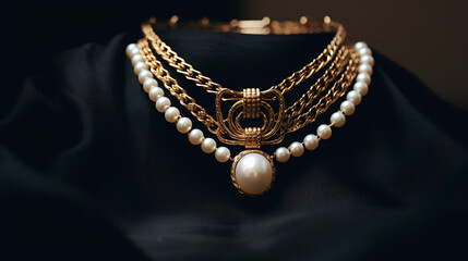 Trendy jewelry with chains pearl necklace and pendan - obrazy, fototapety, plakaty