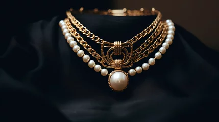 Poster Trendy jewelry with chains pearl necklace and pendan © Riya