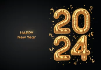 Fotobehang Happy New Year 2024. Golden foil balloon numbers on black background. High detailed 3D realistic gold foil helium balloons. Merry Christmas and Happy New Year 2024 greeting card. Vector illustration. © iuriimotov