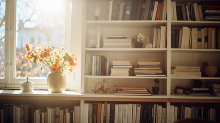 Fototapeta na wymiar Bookshelf. Minimalist lifestyle. Beautiful morning. Minimalistic Scandinavian interior, with a simple beautiful composition. Cozy workday styled photo. Spring or Summer