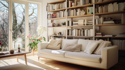 Bookshelf. Minimalist lifestyle. Beautiful morning. Minimalistic Scandinavian interior, with a simple beautiful composition. Cozy workday styled photo. Spring or Summer