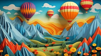vibrant summer mountain landscape with hot air balloons, clouds, and birds - paper cut out art digital craft style - nature scenery