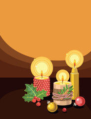 Vertical card with a composition of candles, Christmas tree decorations, mistletoe leaves and berries, and a fir branch.