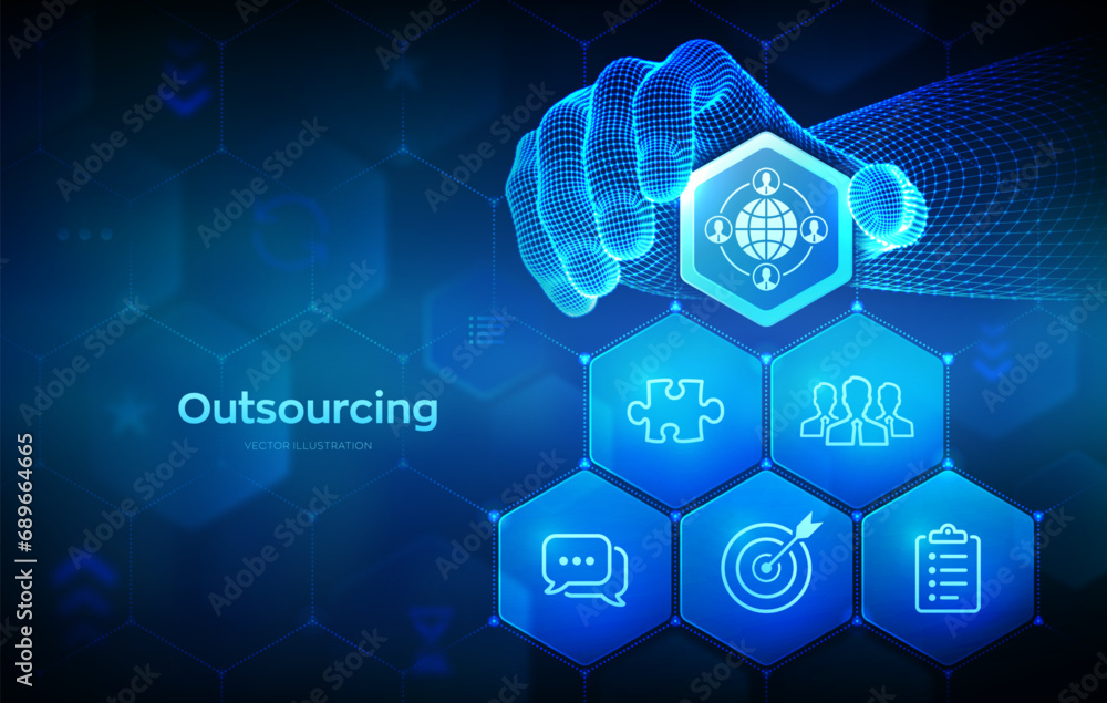 Poster outsourcing and hr. social network and global recruitment. global recruitment business concept. wire
