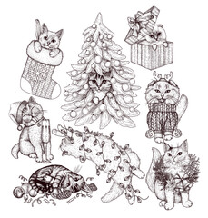 Fototapeta premium Vector set of 8 holiday cats. Siamese lop-eared, tabby, British, fluffy. In a Christmas tree, with Christmas decorations, in a gift box, wrapped in a garland, in a Christmas stocking, with champagne