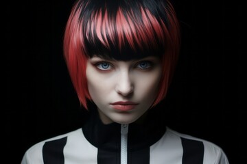 Portrait of beautiful brunette with pink highlights and bob haircut in rebellious style