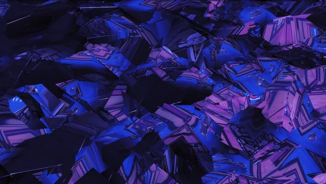 Abstract background with reflective mirror surfaces that move and transform. purple mosaic wavy mirror surface with strong specular and flashing reflections.