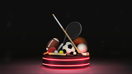 Vector 3d realistic balls for football, basketball, soccer, baseball, tennis and pinpong with rackets, stick and bat on a bright neon podium in red. A concept for sports betting.