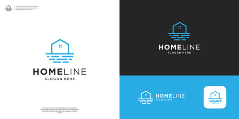 Beach house line art logo with waves illustration