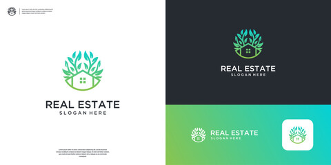 Home and roof with leaf logo design inspiration. - obrazy, fototapety, plakaty