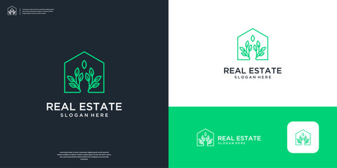 Geometric home logo design, Minimalist house and leaf with line art style.