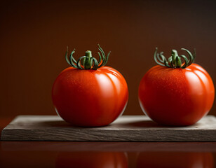 Two tomatoes are lying on a wooden board.