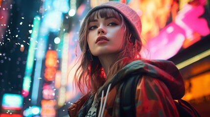 futuristic street style image with neon hues and a cyberpunk vibe in an abstract digital cityscape, Generative AI.
