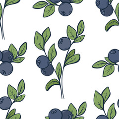 Fresh forest berries background. Blueberry bushes seamless pattern. Delicious berries and leaves print for textile, digital paper, packaging and design, vector illustration