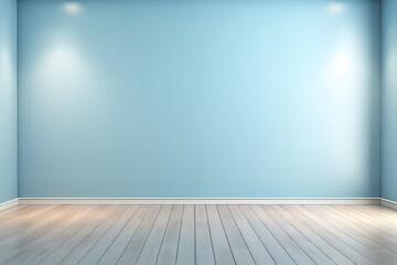 A light blue wall in the interior with built-in lighting and a smooth floor - obrazy, fototapety, plakaty